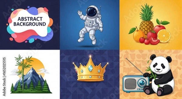 Fototapeta Collection of abstract background, astronaut, fruit, mountain, crown, and panda vector illustrations