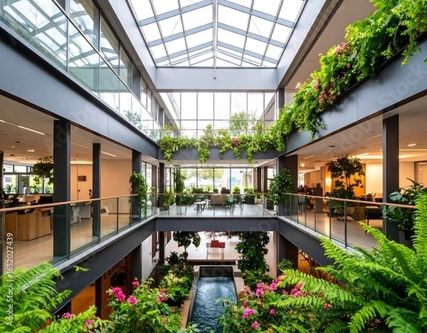 Fototapeta Modern atrium with lush indoor plants, glass ceilings, and multiple levels