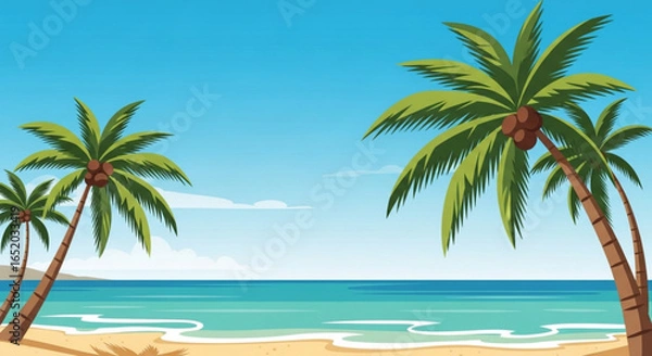 Obraz Tropical beach with palm trees, blue sea, and clear sky for summer vacation