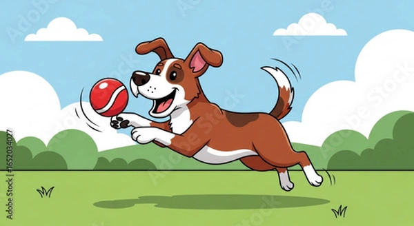 Fototapeta A happy dog running and playing with a ball in a park on a sunny day, cartoon illustration