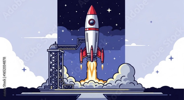 Fototapeta Rocket launch illustration with smoke and fire against a starry night sky background