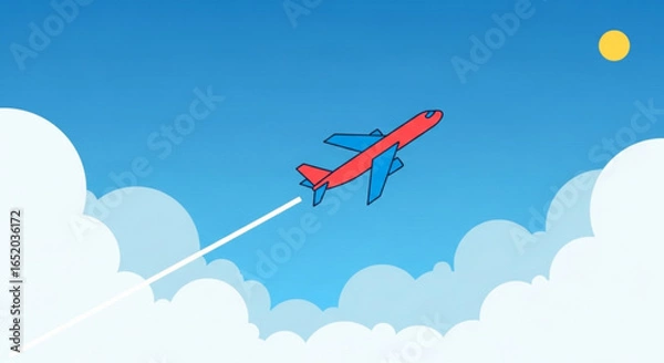 Fototapeta Cartoon airplane flying in the blue sky with clouds and sun, a perfect travel and vacation concept