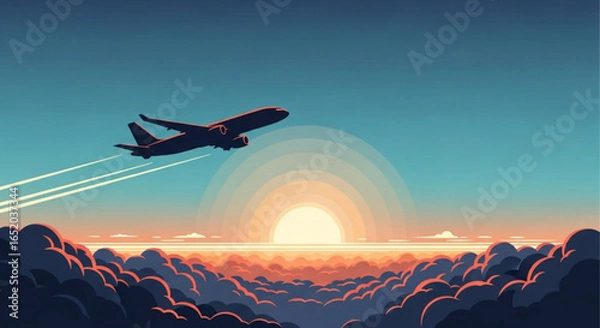 Fototapeta Airplane flying over clouds at sunset, a beautiful illustration of air travel and adventure