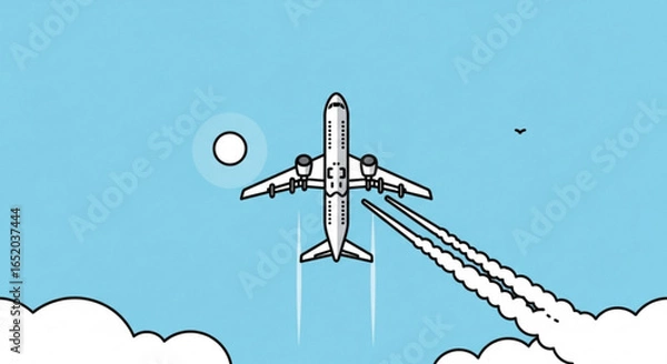 Fototapeta An airplane flying in the sky with clouds and sun, a modern and simple illustration style