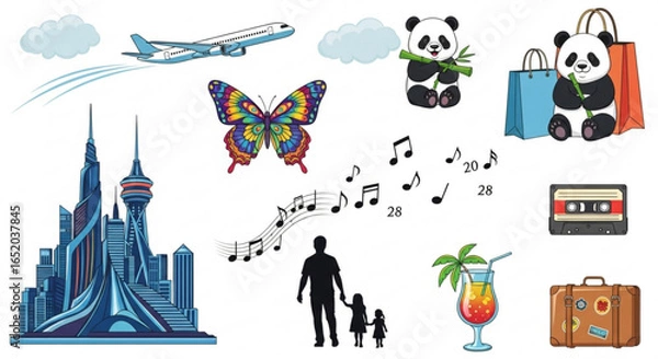 Obraz Travel and leisure icons with airplane, panda, butterfly, music notes, family, cocktail and suitcase