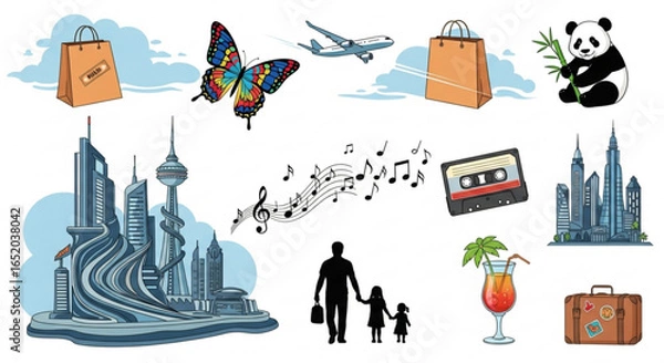 Fototapeta Travel and shopping icons with butterfly, airplane, panda, music notes, family, cocktail and suitcase