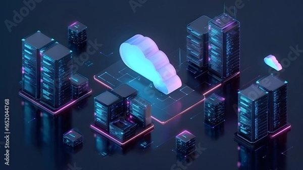 Fototapeta Isometric Vector Illustration of Cloud Computing, Data Storage, and Servers with Neon Blue Gradient