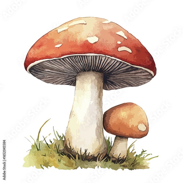 Fototapeta Watercolor Illustration of Two Fungi with ReddishOrange Caps and White Spots