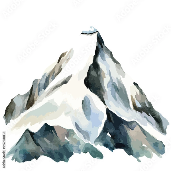 Fototapeta Watercolor Mountain Range with Snowy Peak and Varied Terrain Depiction