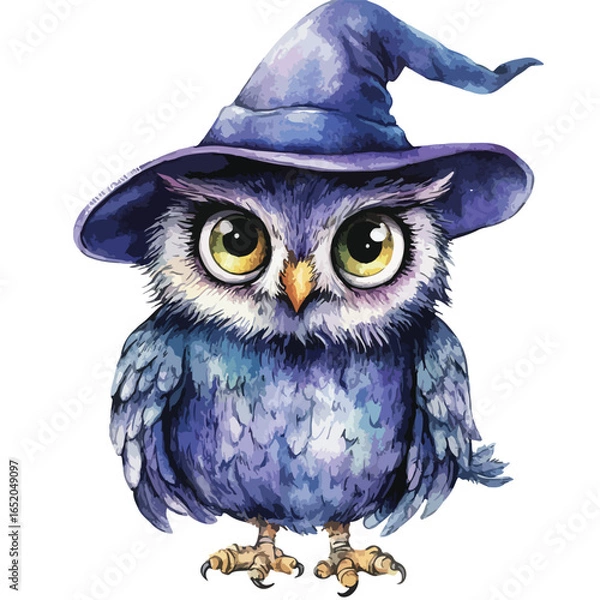 Fototapeta Watercolor Owl Portrait with Pointed Blue Witch Hat and Golden Eyes
