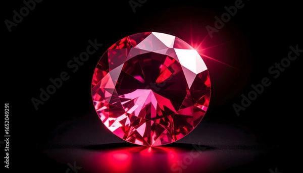 Fototapeta Round Ruby Gemstone Against Black Background Illuminated With Bright Reflections