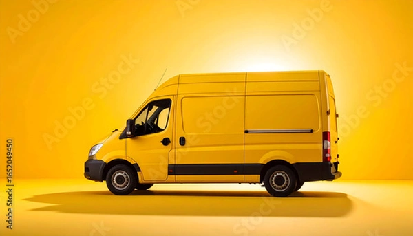 Fototapeta Bright Yellow Delivery Van Side View On Solid Yellow Background Studio Lighting Concept