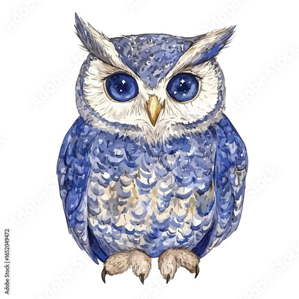 Fototapeta Watercolor Owl with Starry Eyes and Blue Plumage Front Facing