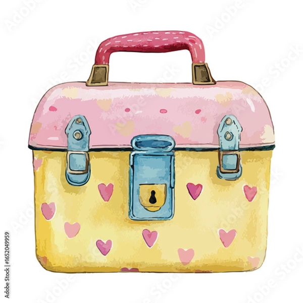 Obraz Watercolor Painted Pink and Yellow Heart Decorated Suitcase with Handle