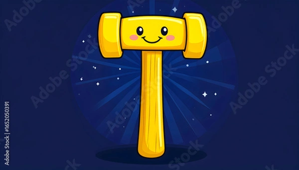 Obraz Smiling Yellow Hammer Tool with Wooden Handle on a Dark Blue Background