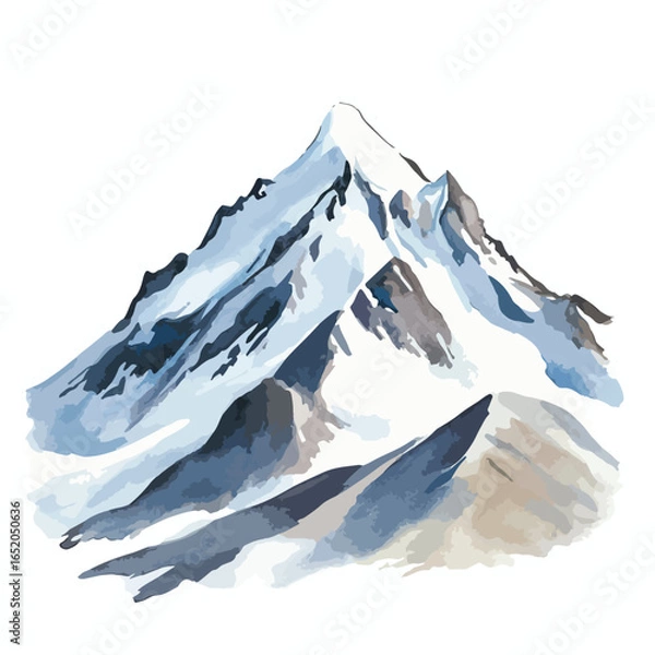 Fototapeta Watercolor Painting of Majestic Mountain Peaks with Snowy Caps and Shadows