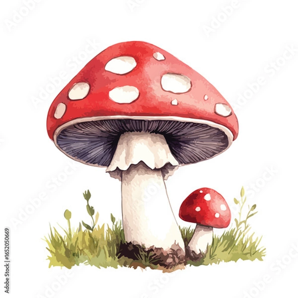 Fototapeta Watercolor Painting of Two Fly Agaric Mushrooms in Grass