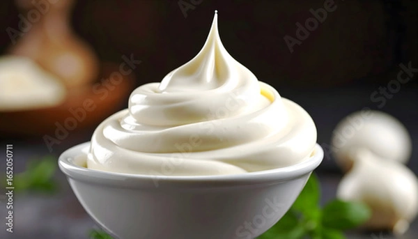 Obraz Close Up View of White Creamy Sauce in Bowl with Garlic and Fresh Herbs