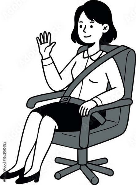 Obraz Woman sitting on office chair waving hand in simple black and white vector illustration
