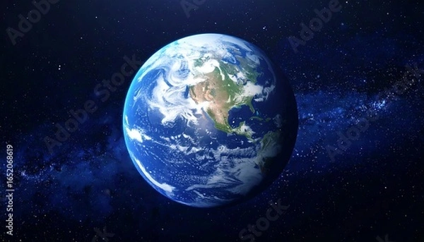 Fototapeta Stunning high-resolution image of Earth from space, showcasing North America, detailed cloud formations, and a dramatic cosmic backdrop of stars and the Milky Way galaxy.