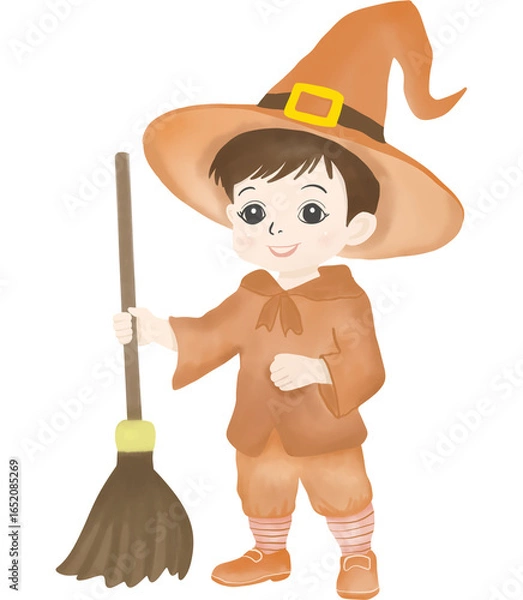 Fototapeta Adorable illustration of a young boy dressed as a wizard, wearing a pointed hat and holding a broomstick. Perfect for Halloween, magical themes, children’s stories, and festive design projects.