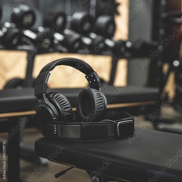 Fototapeta Headphones armband on gym bench pre workout tech setup clean gear aesthetic