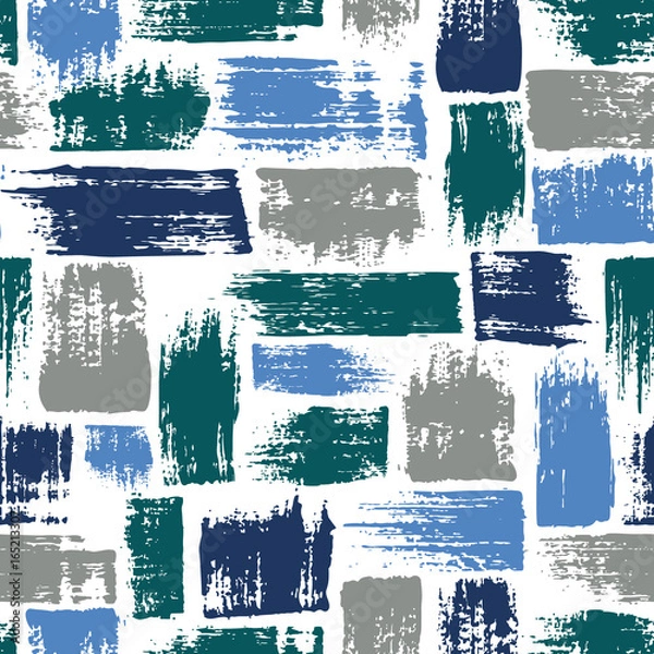 Fototapeta Vector seamless pattern with brush stripes and strokes. Blue color on white background. Hand painted grange texture. Ink geometric elements. Fashion modern style. Endless fabric unusual print.