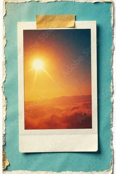 Fototapeta Sun-bleached polaroid secured with brown tape, corners curled, photography, warm, image