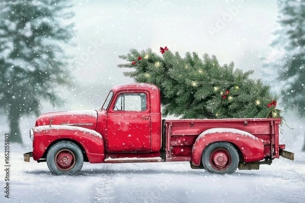 Fototapeta Nostalgic Christmas vibes with a truck and fir tree in tow.