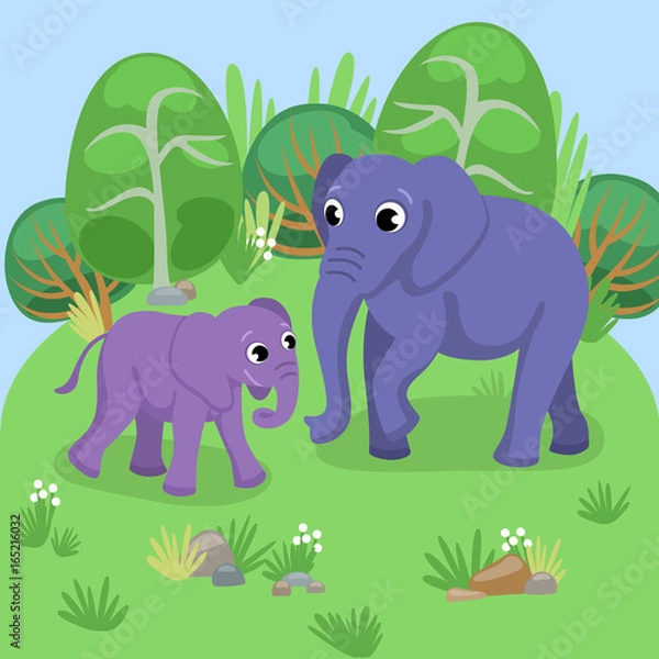 Fototapeta Card with adult and young elephant in natural background / Domestic animals in cartoon style
