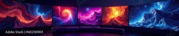 Fototapeta Colorful, dynamic multimedia channels streaming on a wall, visual, abstract