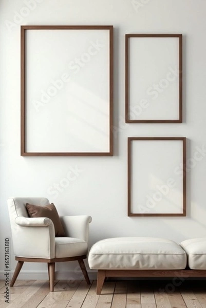 Fototapeta Simple, dark wood frames, varying sizes, clean white, modern, black