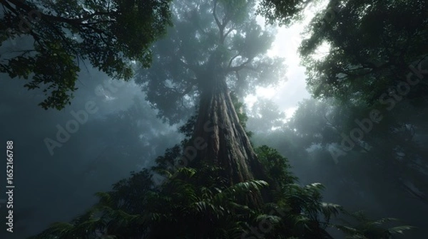 Fototapeta Misty forest with sunlight filtering through tall ancient trees, creating a mystical and serene atmosphere perfect for nature backgrounds, fantasy landscapes, meditation, and eco concepts.