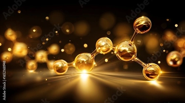 Obraz Golden molecular structure with glowing particles.