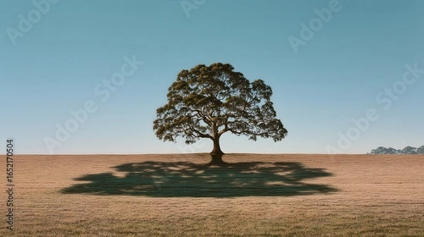 Fototapeta Lonely tree standing in the middle of a golden wheat field under clear blue sky, symbolizing strength, solitude, and nature’s beauty, perfect for backgrounds and inspirational concepts.