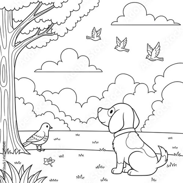 Obraz Cute dog sitting under a big tree while watching flying and resting birds in the meadow with clouds in the sky, perfect for coloring books and children’s projects