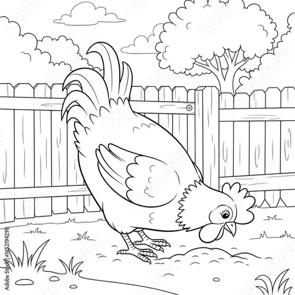 Obraz Cartoon chicken pecking the ground in a fenced backyard with grass, trees, and clouds in the background, perfect for children’s coloring books and farm animal designs
