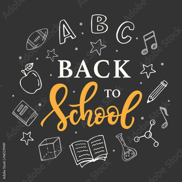 Fototapeta Back to school banner template with hand drawn school supplies icons on blackboard