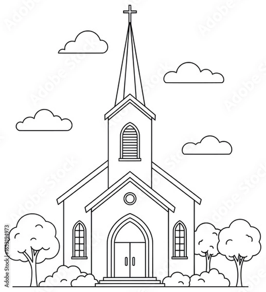 Obraz Church building with tall steeple, cross, arched windows, and surrounding trees in a simple cartoon line art style, perfect for architecture coloring pages and designs