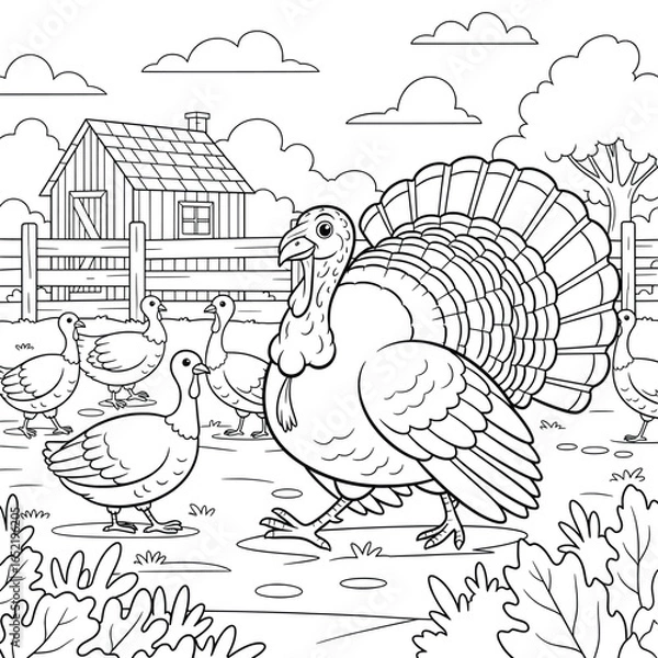 Obraz Group of turkeys walking on a farm with a wooden fence, barn, and trees in the background in cute cartoon line art illustration for animal coloring pages