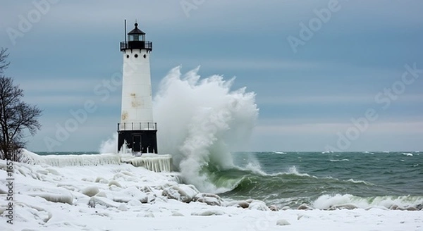 Fototapeta Majestic lighthouse battered by powerful waves during a winter storm
