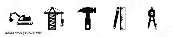 Fototapeta Engineering mono icon set. Set of tools, machinery and construction symbol - Vector 