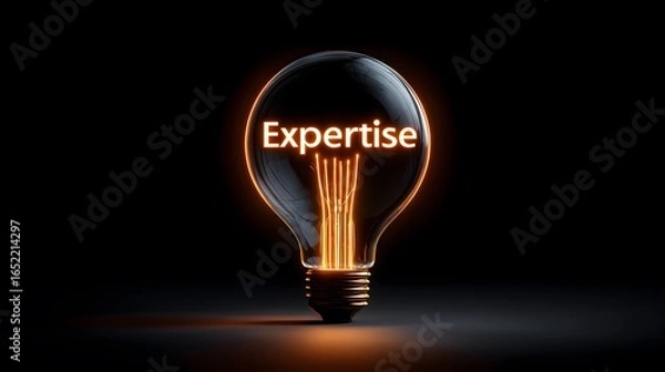 Fototapeta Glowing light bulb with the word expertise inside, symbolizing innovation, professional knowledge, skills, creativity, leadership, and bright ideas on a dark background