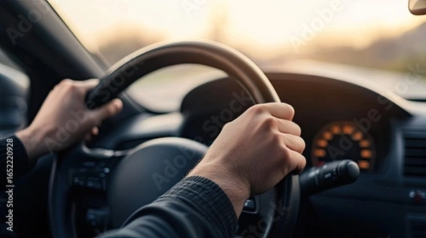 Fototapeta Close-up of a driver's hands firmly gripping a leather steering wheel, blurred road and dashboard in the background