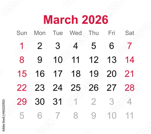 Fototapeta Monthly calendar of March 2026 on transparent background
