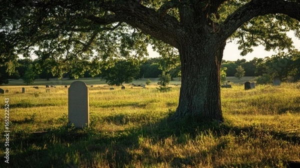 Fototapeta Lone unmarked headstone standing beneath a large oak tree in a quiet rural cemetery