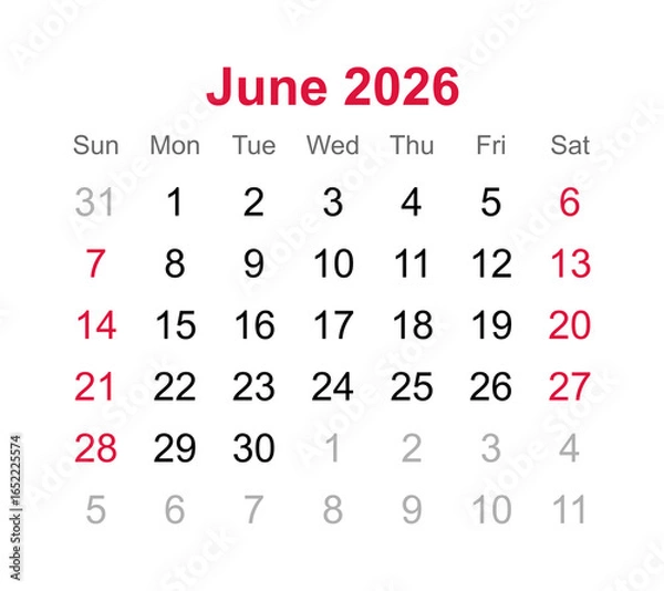 Fototapeta Monthly calendar of June 2026 on transparent background