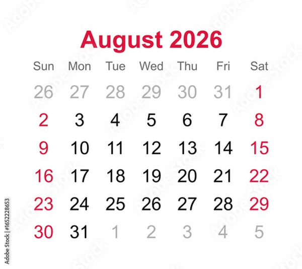 Fototapeta Monthly calendar of August 2026 on transparent background