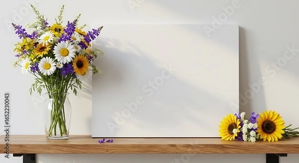 Fototapeta Vibrant Summer Meadow Bouquet and Sunflowers on Wooden Shelf with Blank Canvas