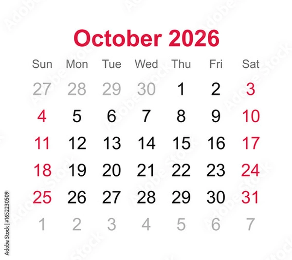 Fototapeta Monthly calendar of October 2026 on transparent background